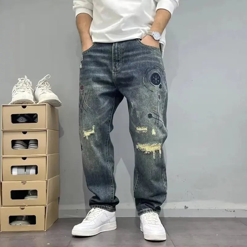 Herren Weites Bein Distressed Jeans – Vintage Washed Denim