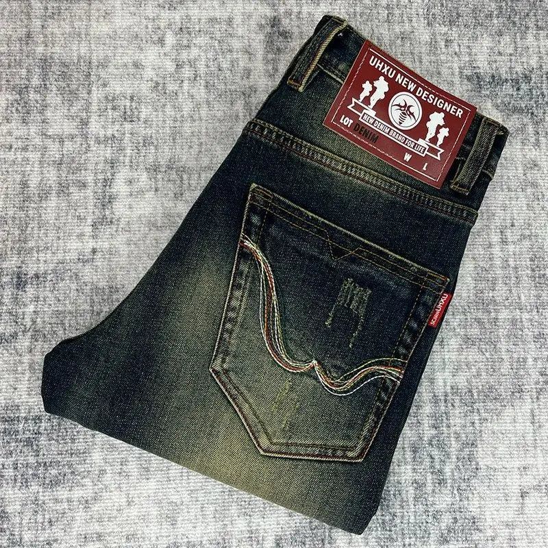 Embroidered Slim Fit Straight Leg Men's Jeans Elastic Claw Scratch Wear