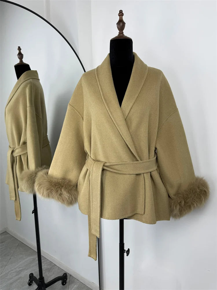 Tossy Fox Fur Wool Overcoat Women's Short Coat Office Lady Elegant Double-sided Woolen Coat 2025 New Cardigan Jackets Loose Wool - Teglex