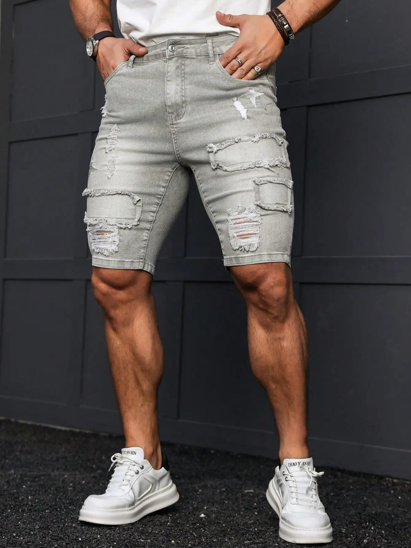 Men's Gray Ripped Frayed Denim Shorts – Street Style