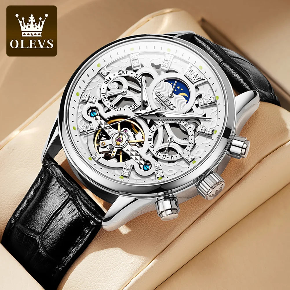 OLEVs Lederarmband Herrenuhren Mondphase Wasserdicht Volle Hohl Mechanische Automatikuhr für Herren