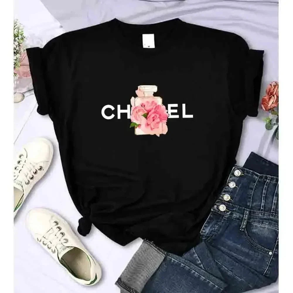 Fashion Women's Summer T-Shirt Alphabet Flower Perfume Shirt Fashion Printed Pattern T-Shirt Brand Short Sleeve Top - Teglex
