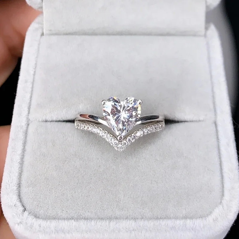 Silver White Zircon Heart Ring Set – Bridal Wedding