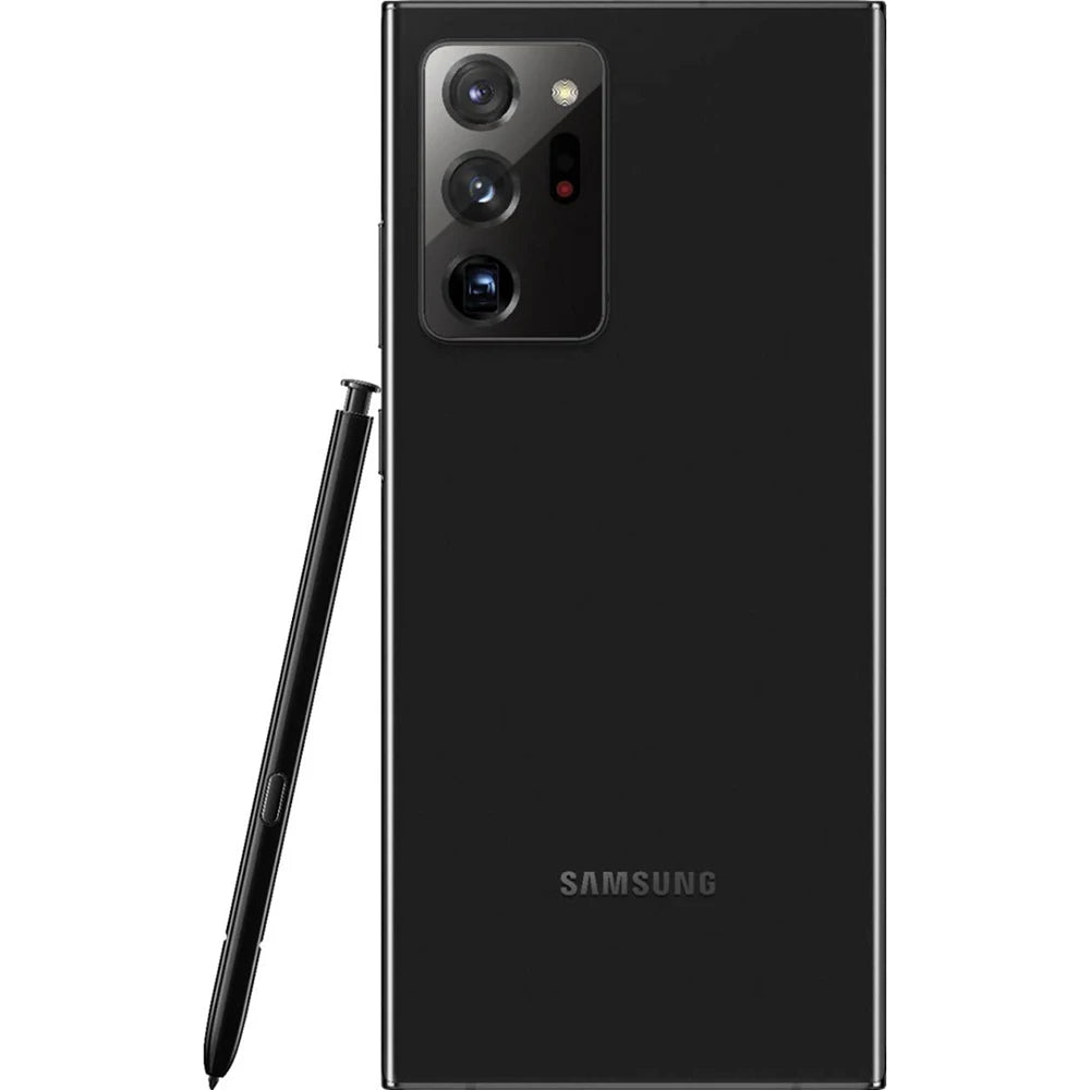 Black Samsung smartphone with stylus on a white background