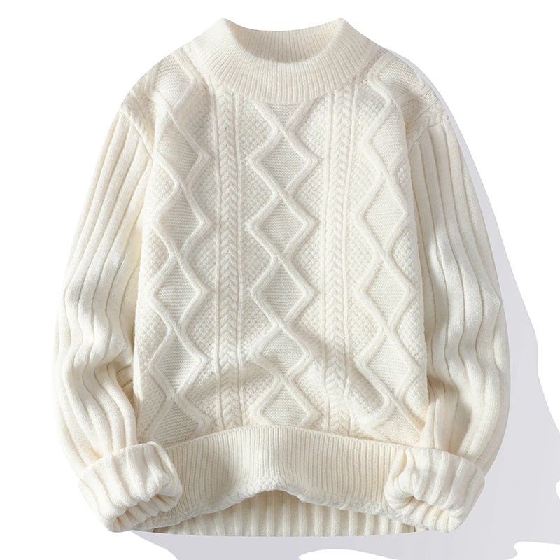 Men's Twist Knit Sweater Warm Low Collar Round Neck Winter