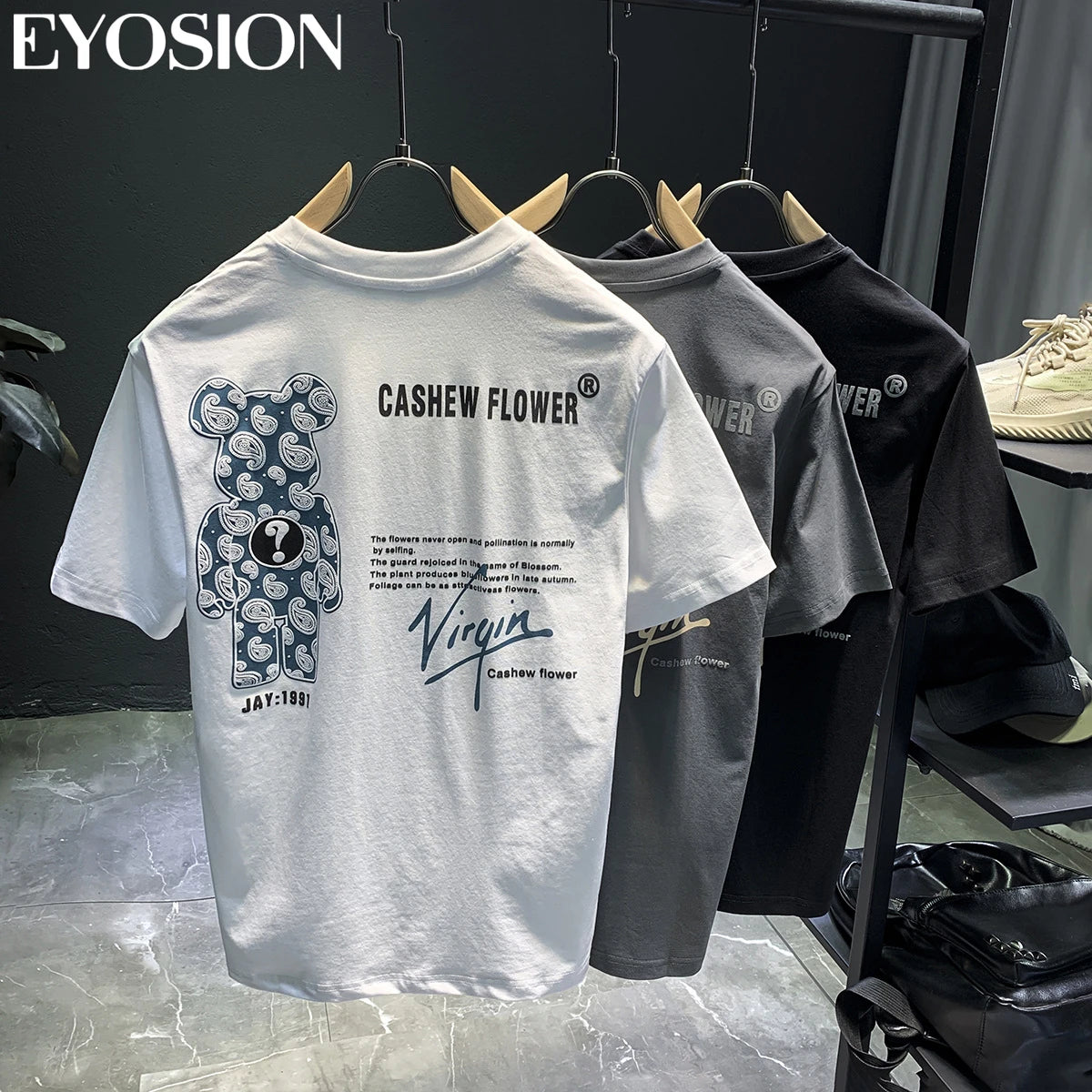Bear Print Polo Shirt Short Sleeve Turn-Down Collar