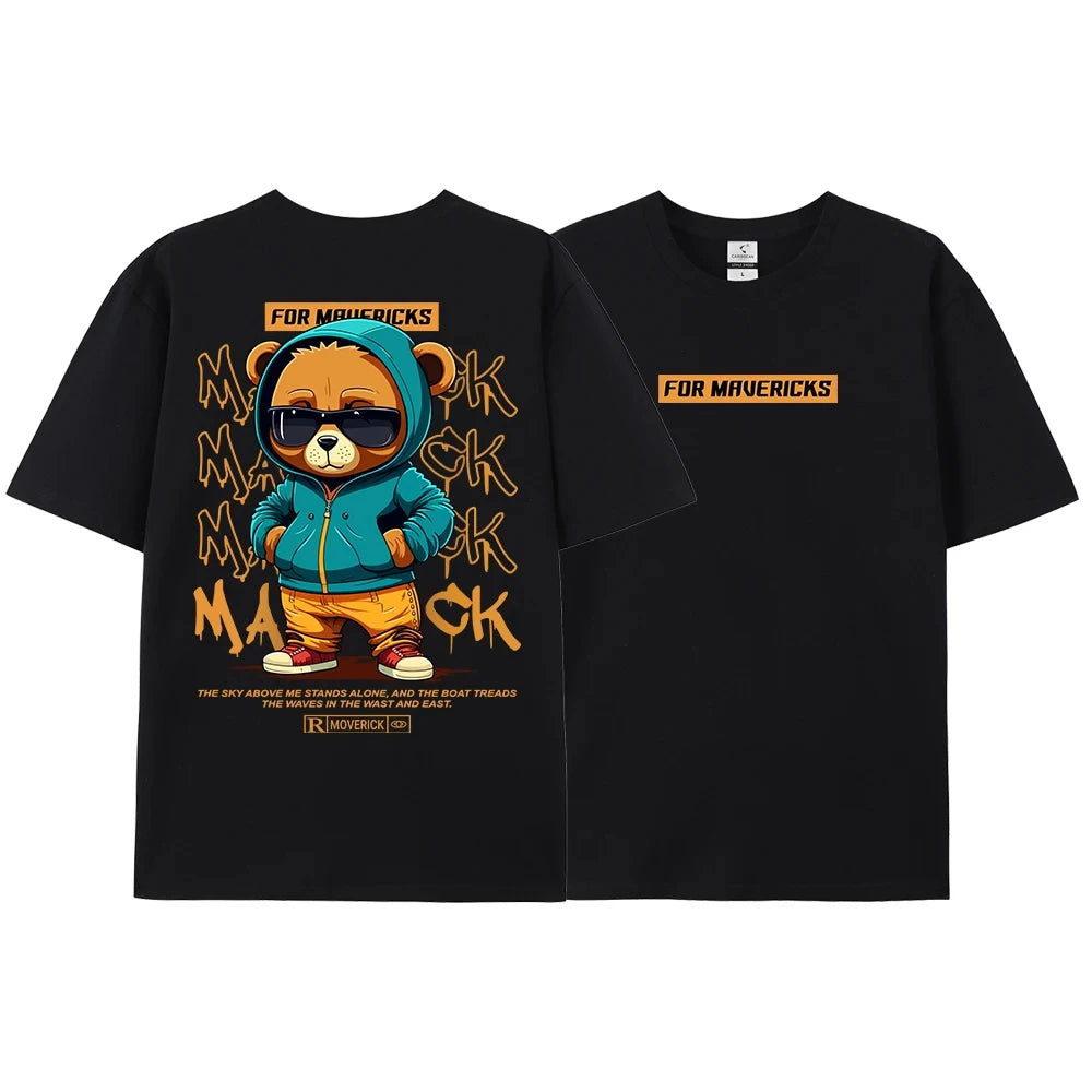 Cotton Fashion Bear Pattern Printed Men Women T Shirt Hip Hop Loose Tops Breathable Comfortable Casual Oversized Couple Clothing - Teglex -