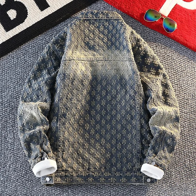 Denim jacket with a textured pattern on a textured surface
