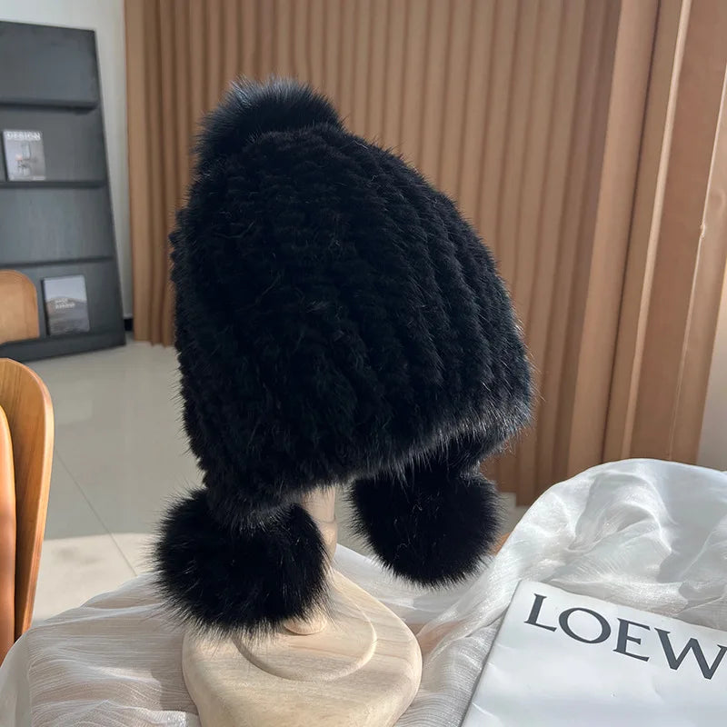 Real Mink Fur Spiral Beanie Fox Fur Pompom Ear Warm Cap