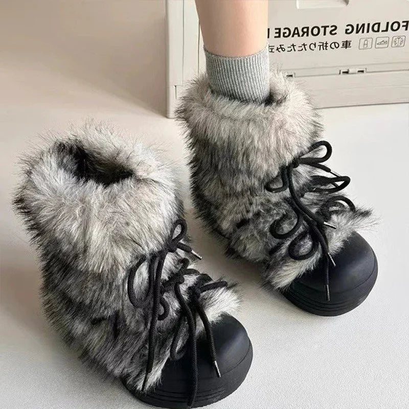 Damen Stiefel Schleife Plateau Schneestiefel Warme Plüsch Winterstiefel