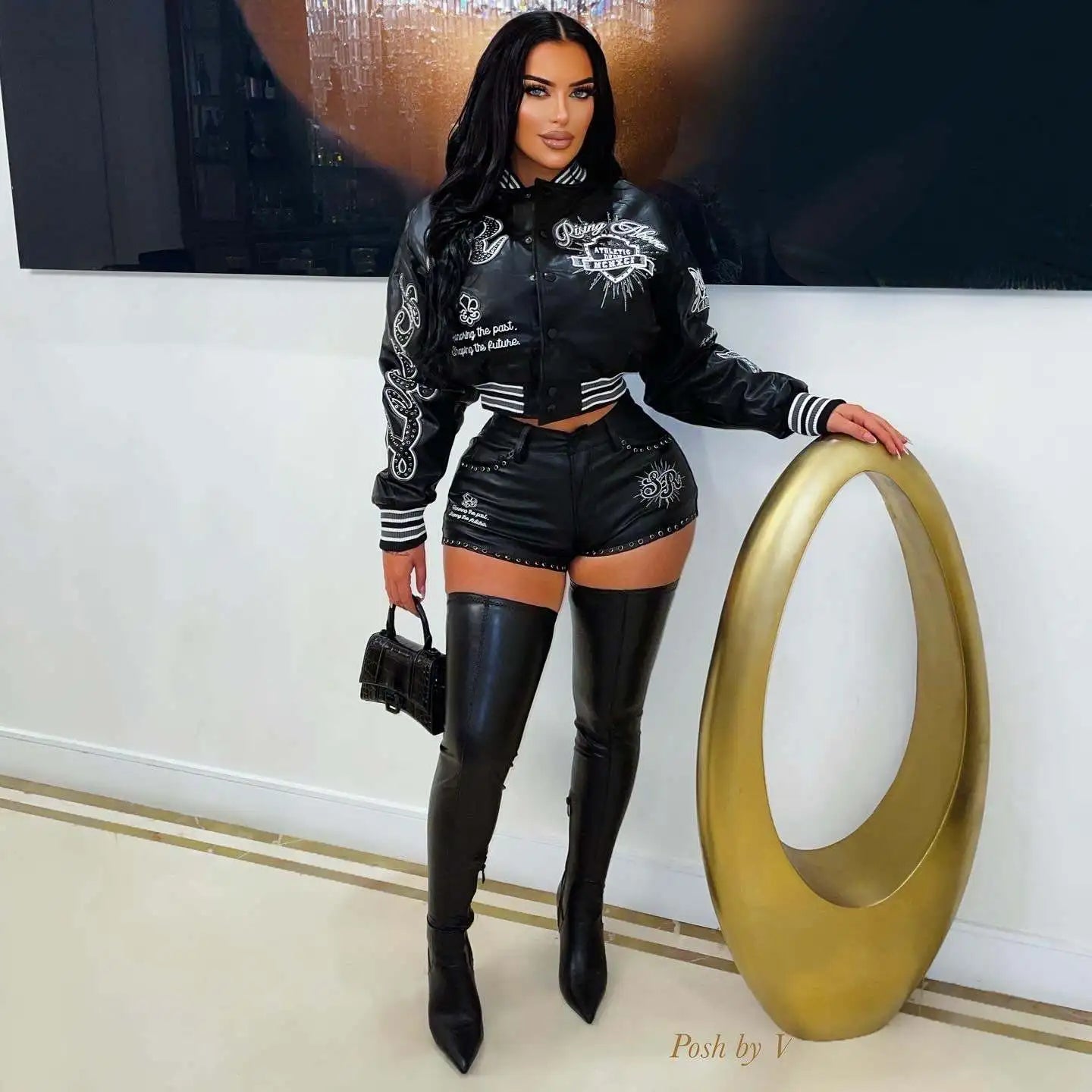 FAGADOER Letter Embroidery 2-Piece Leather Crop Top & Shorts