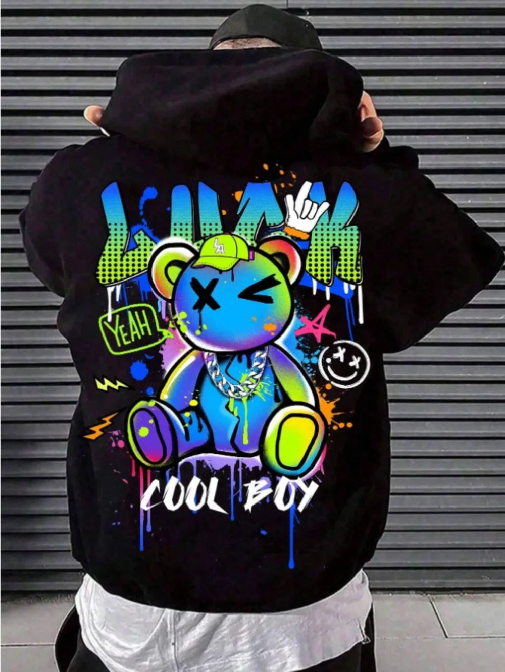 High Design New Men's Autumn Colorful Cartoon Bear Letter Printed Comfortable Soft Hoodie Outdoor Street Versatile Top - Teglex -