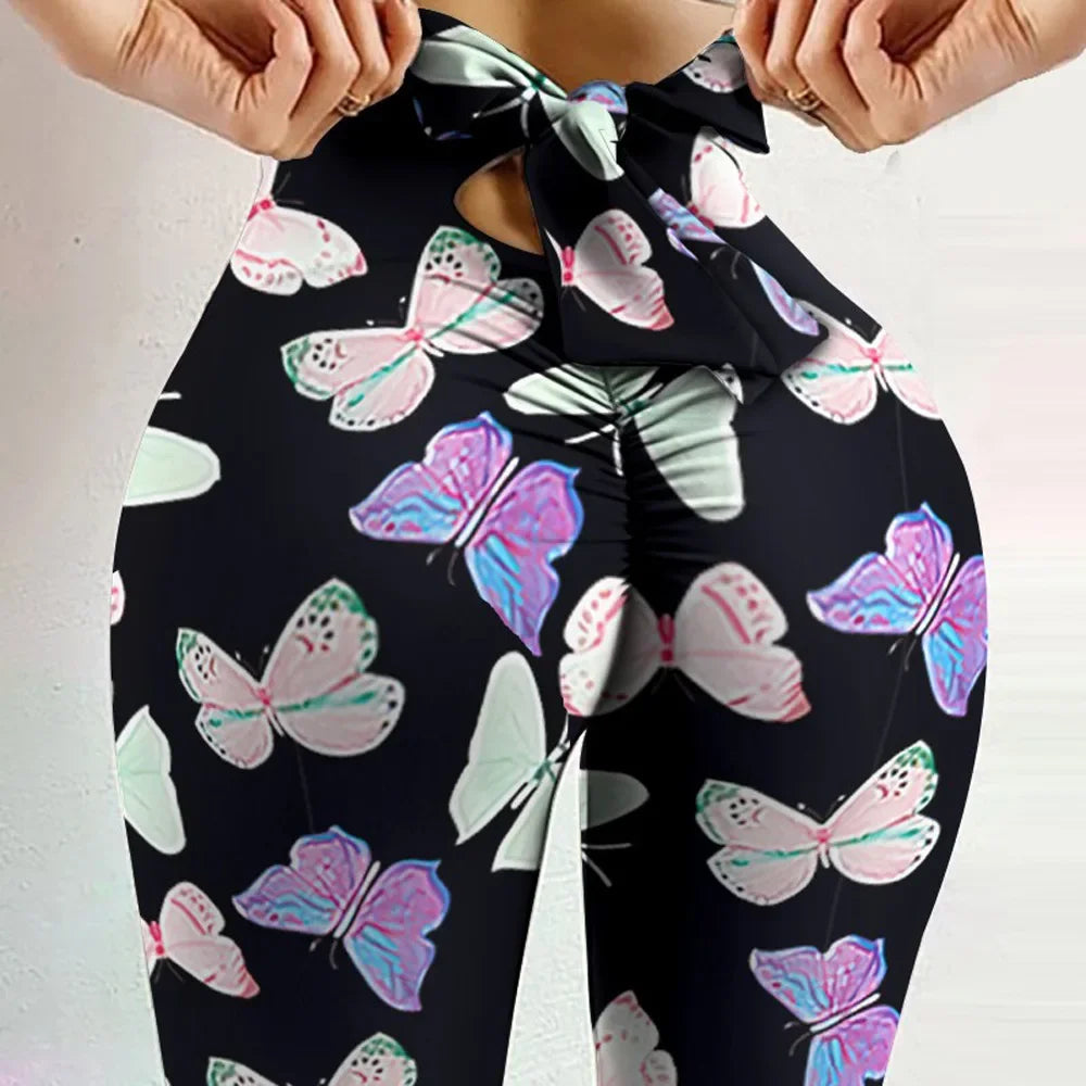 High Waist Sexy Schmetterlingsdruck Leggings Schleife Yoga Hose Schleifen Bandage Tights Damen Po Push-up Sport Fitness Yoga Legging