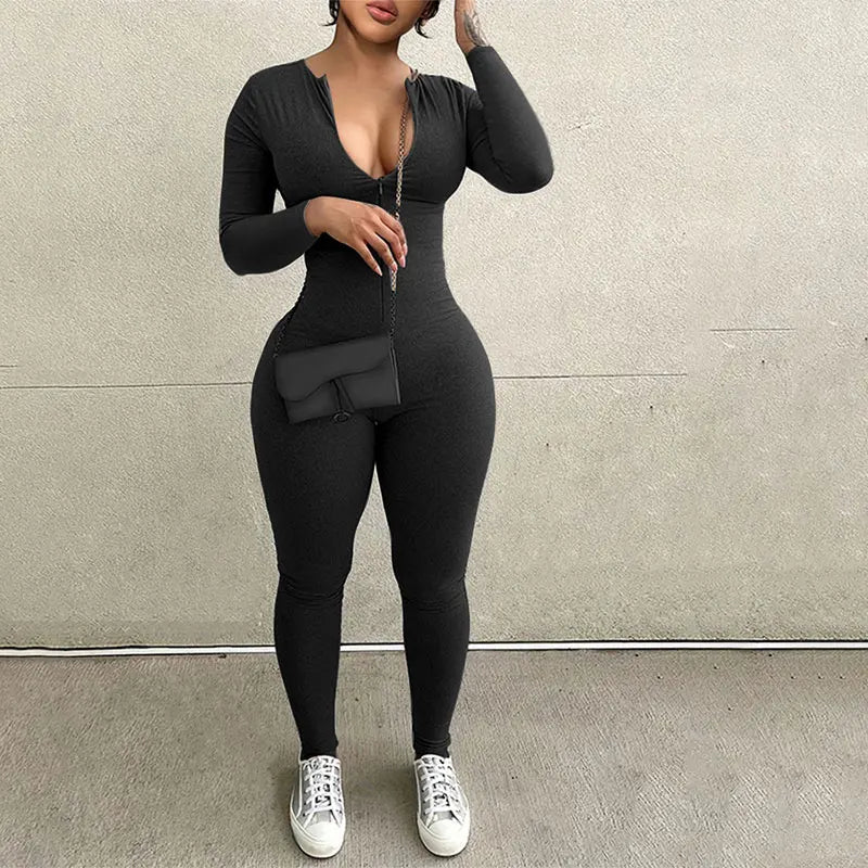 Eng anliegender Overall mit Reißverschluss und langen Ärmeln | Streetwear Yoga Fitness Overall