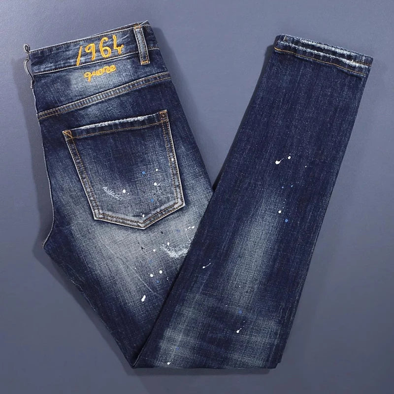 Scratch-Painted Slim Fit Stretch Men's Blue Jeans