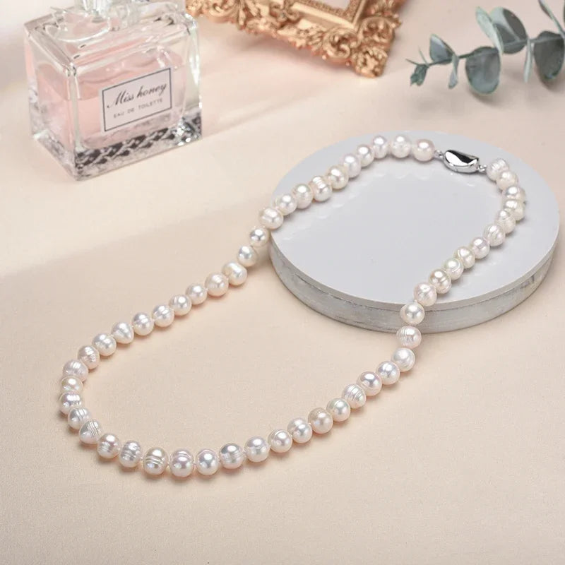 New Hot Real White Freshwater Cultured Pearl Necklaces for Women Girl Gift, 925 Sterling Silver Women's Baroque Pearl Necklace - Teglex