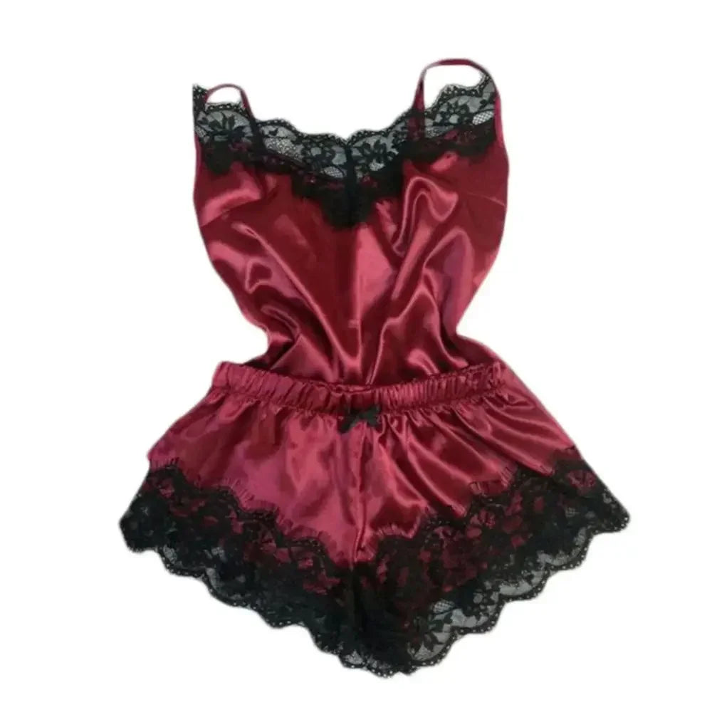 Spitzen-Satin-Pyjama-Set für Damen Nachtwäsche V-Ausschnitt Stretch Sexy Dessous Trägertop Shorts Nachtwäsche Schlafanzug