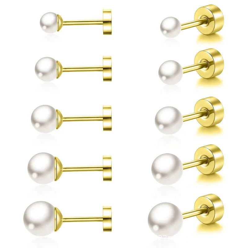 2pcs Simple Imitation Pearl Stud Earrings For Women Girls Stainless Steel Screw Back Pierced Studs Jewelry Gifts - Teglex
