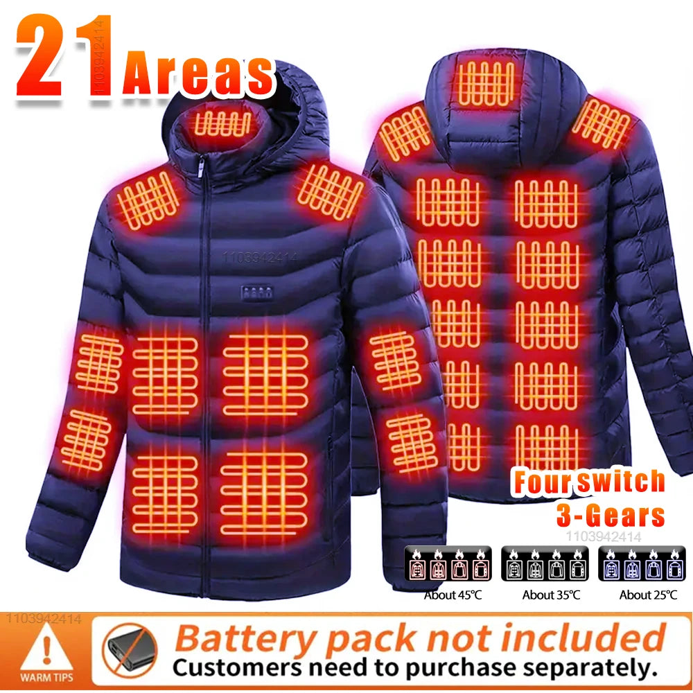 New Heated Jacket Men Women Coats 9/21 Areas USB Self Heated Clothing Winter Ski Camping Heated Down Jacket with Detachable Hood - Teglex