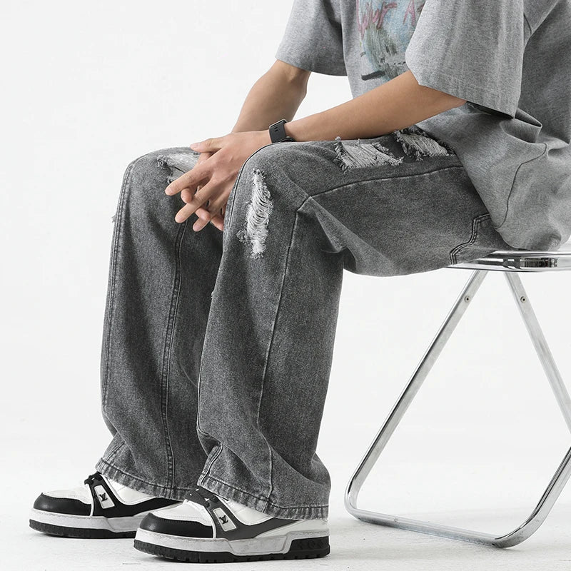 Men's Ripped Jeans – Loose Straight Leg Retro Casual