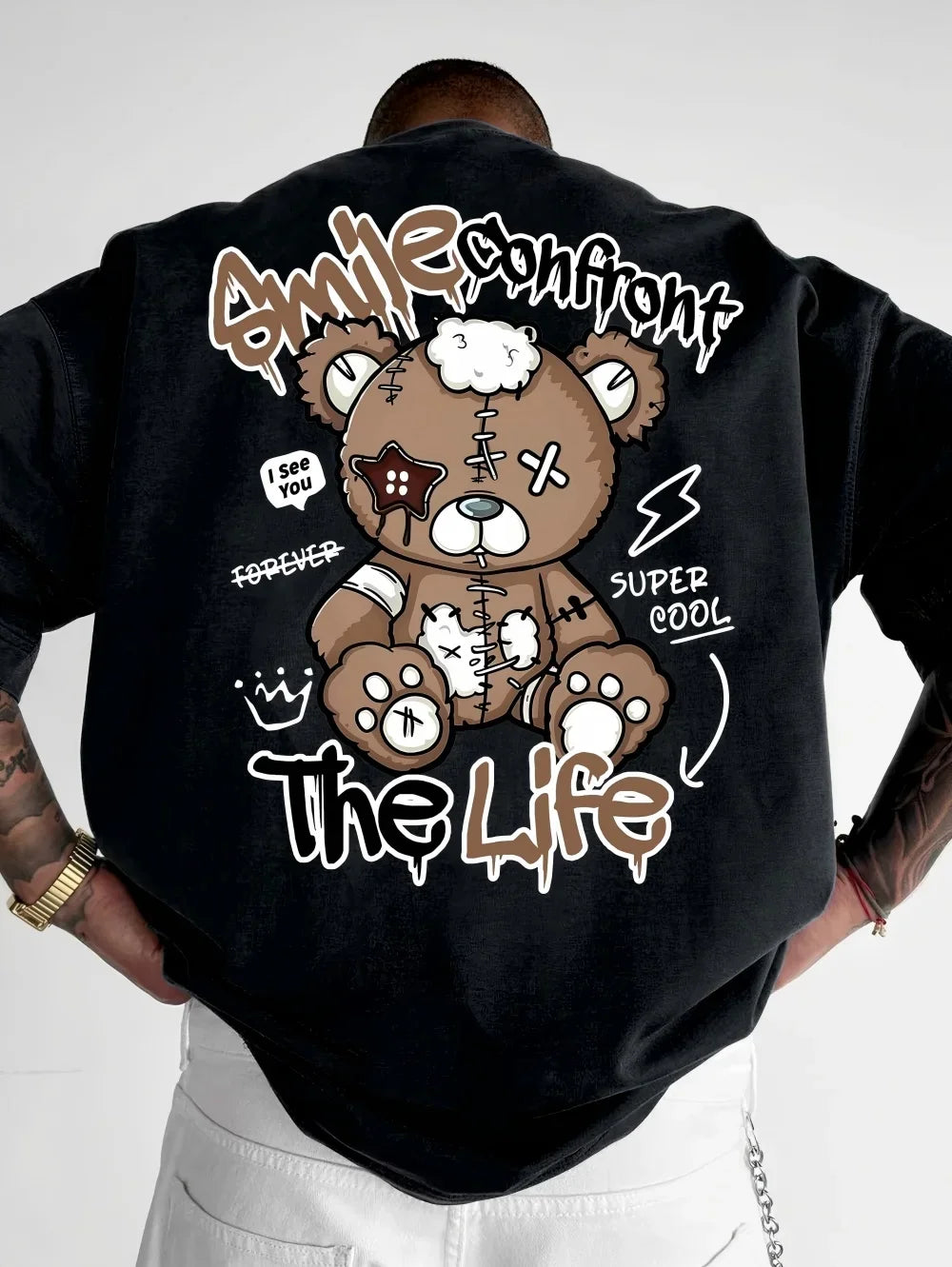 Summer's new fashionable men's Teddy bear letter printed comfortable and breathable neck T-shirt with outdoor high street top - Teglex