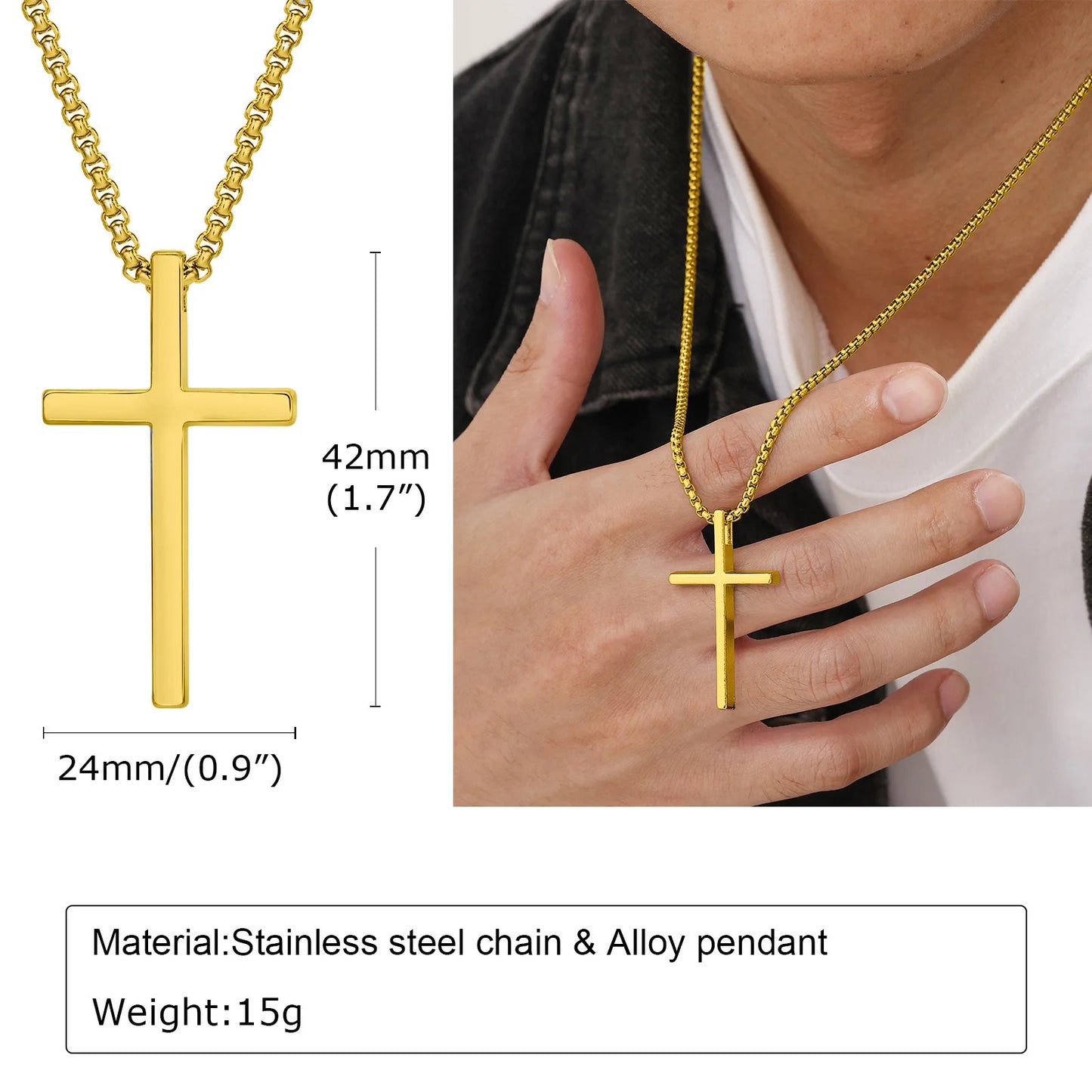 Vnox Cross Necklace for Men Women, Silver Color Plain Cross Pendant Collar with Stainless Steel Box Chain - Teglex