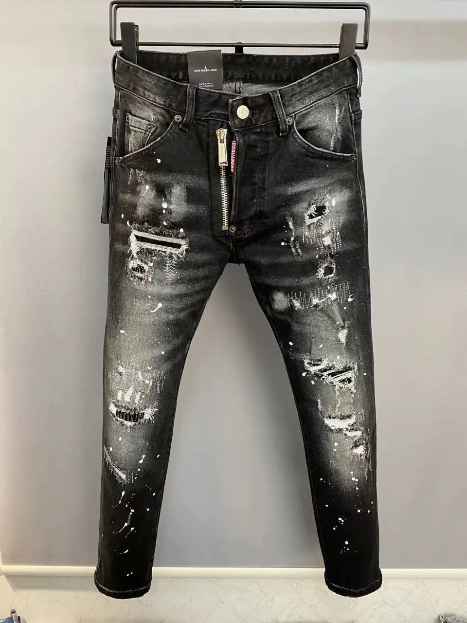 Herren Hell-Luxus Schwarze, zerrissene Patchwork Slim Fit Jeans