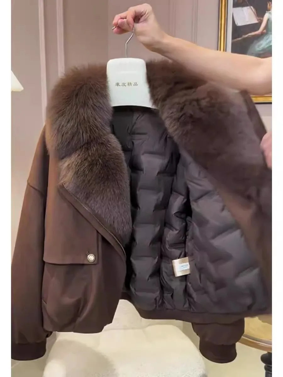 Cotton Jacket Women's Winter Loose Versatile Slimming Long Sve Coat with Fur Collar