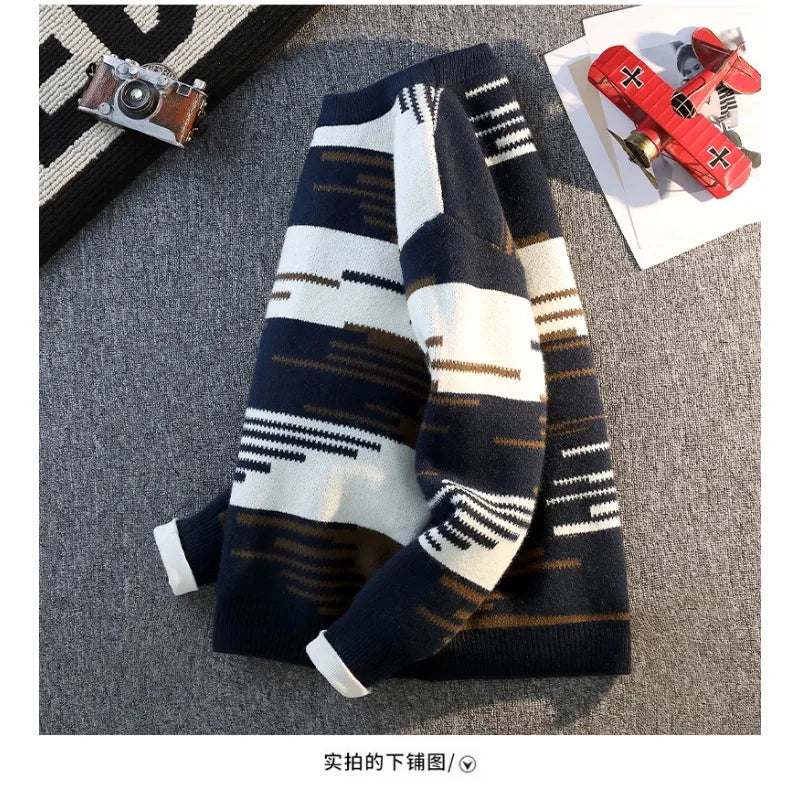 Men's Contrast Color Round Neck Long Sleeve Knit Sweater Top