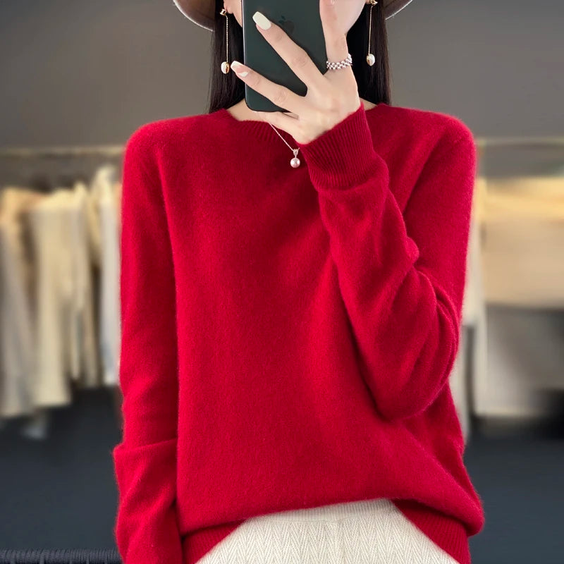 Kaschmirpullover Damenpullover Herbst und Winter 100% Merinowolle Mode O-Ausschnitt Herbst warmer Pullover Oberteil