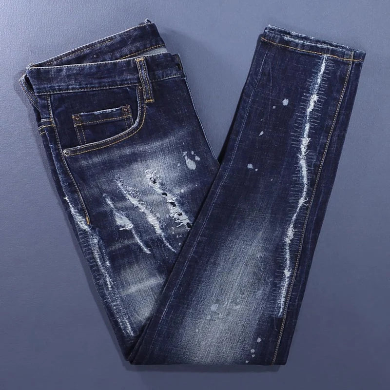 Herren tiefblaue Slim Fit bemalte Jeans – Designer-Denim
