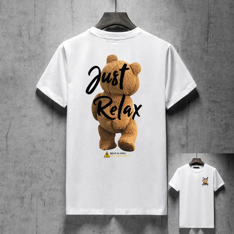 2025 Trendy Brand Summer Society Guy Cartoon Bear Half-sleeved Men's and Women's Silk Cotton Short-sleeved T-shirt Trendy Top