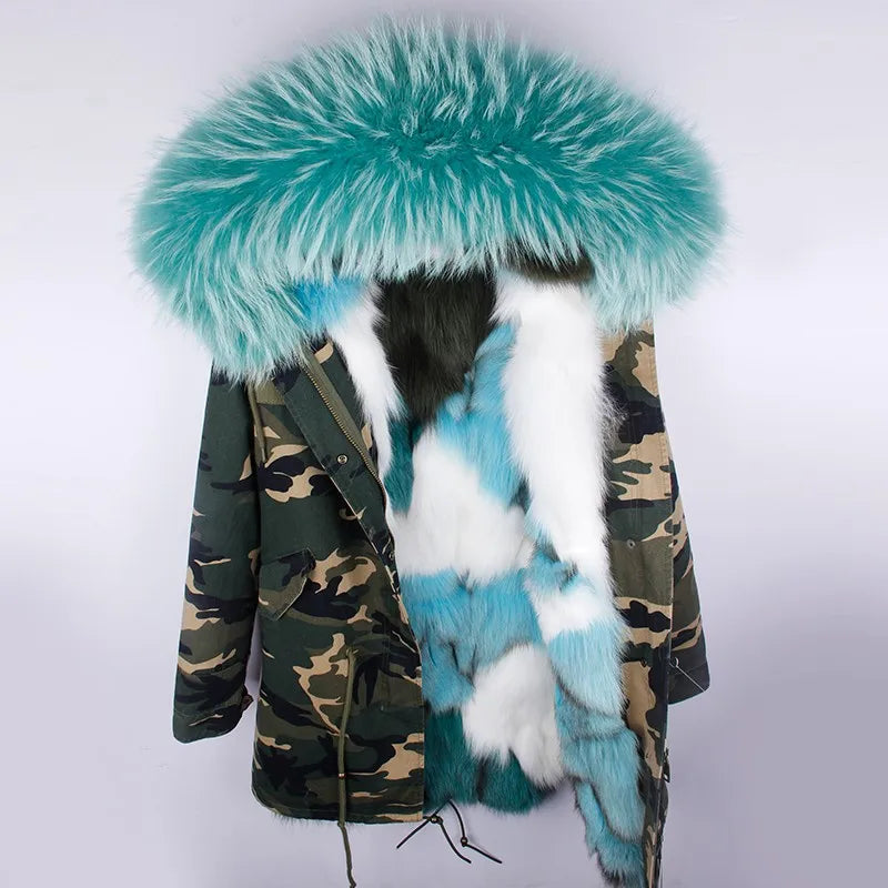 Women's Long Hooded Parka Real Fox Fur Collar Pink