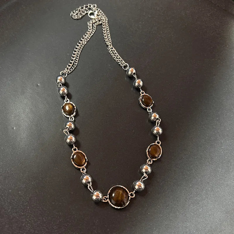 Vintage Leder Braun Stein Anhänger Halskette Stapel Choker Temperament Schlüsselbeinkette für Frauen Mädchen Herbst Winter Halskette