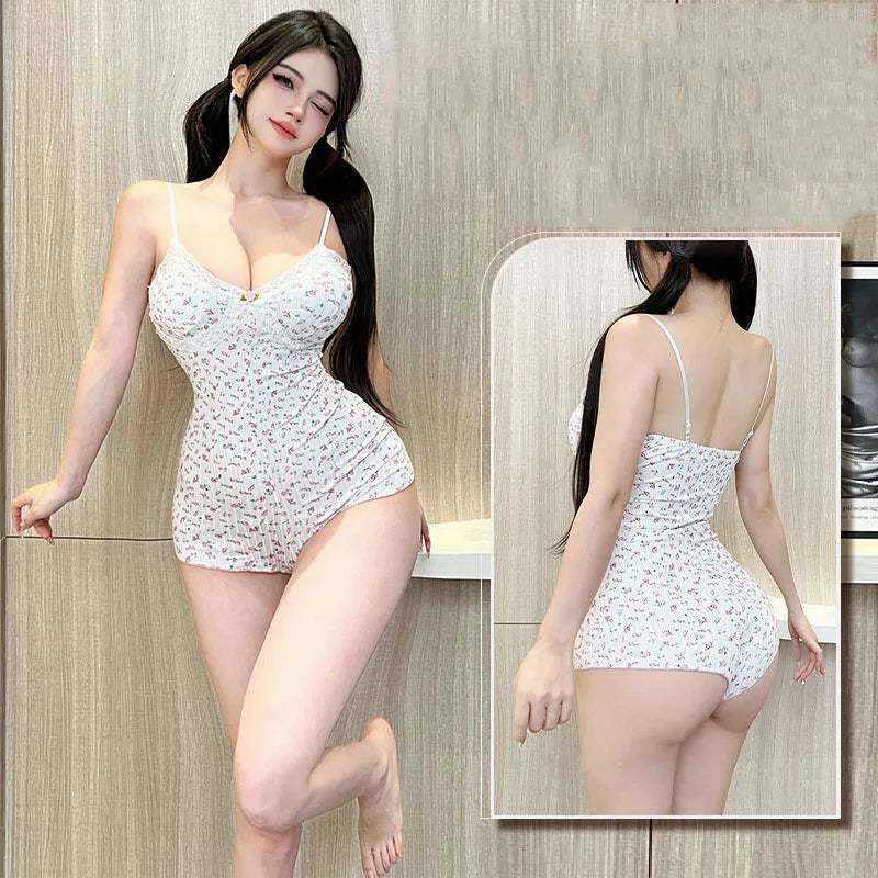 Damen Sexy Blumenmuster Bodysuit Spitze Trim Ärmellos Slim Fit Leotard Sommer Jumpsuit Overall Sexy Unterwäsche Nachtwäsche Dessous
