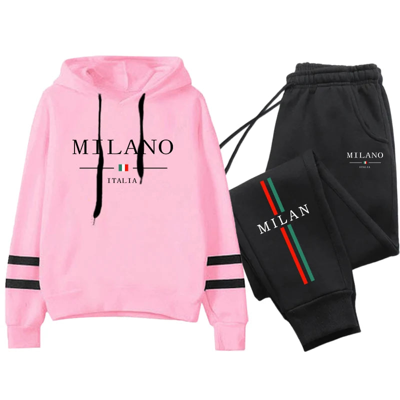 Women's Stripe Print Hoodie Tracksuit Set Jogging