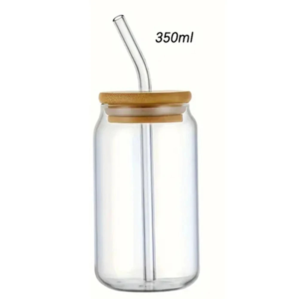 Clear glass jar with bamboo lid and straw, 350ml capacity, on a white background
