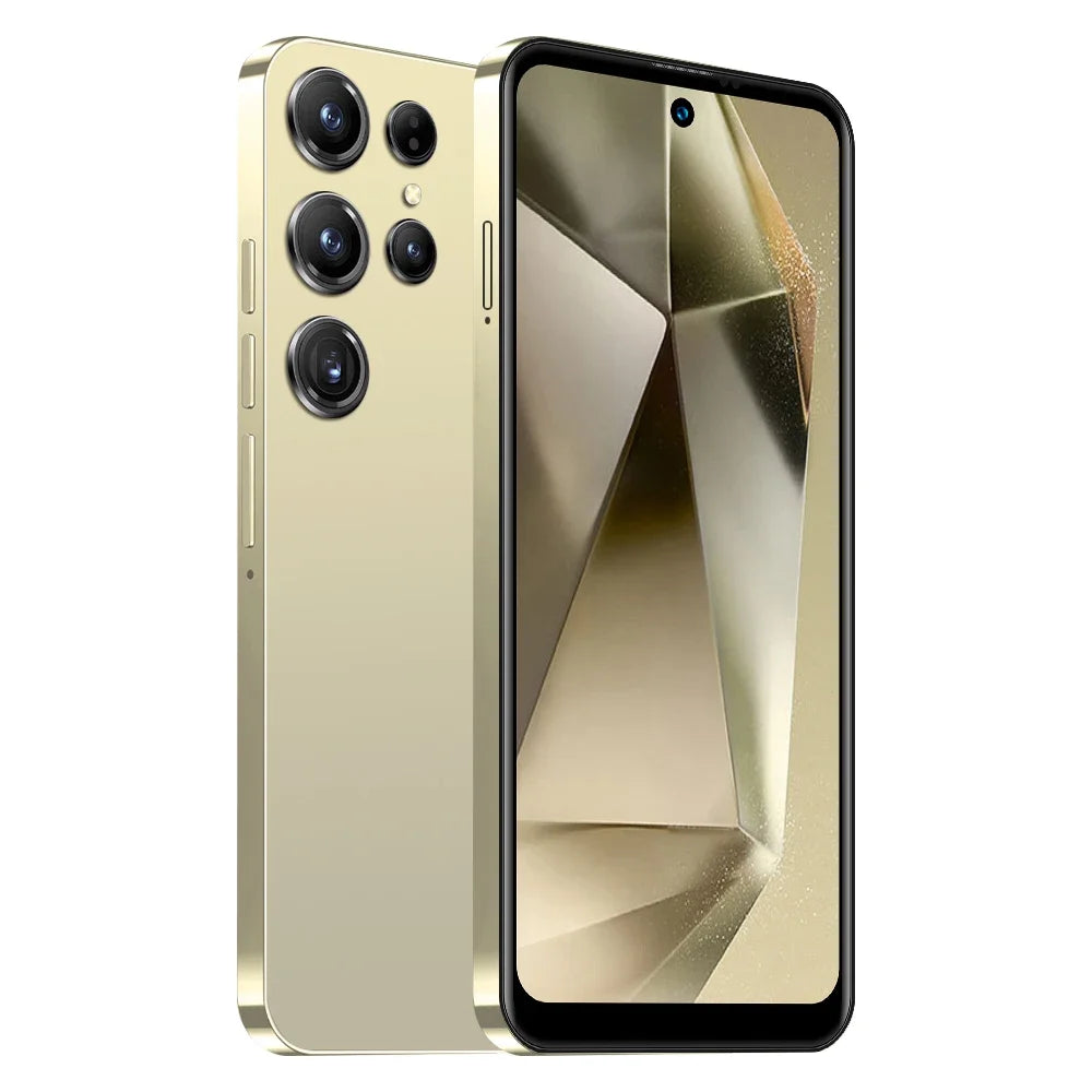 Gold smartphone showing front and back on a white background