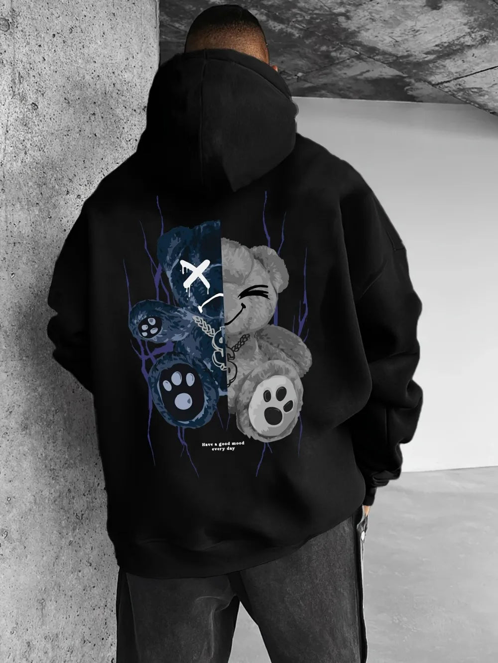 Fashionable men's autumn personalized teddy bear print comfortable hooded sweatshirt outdoor city high street clothing - Teglex