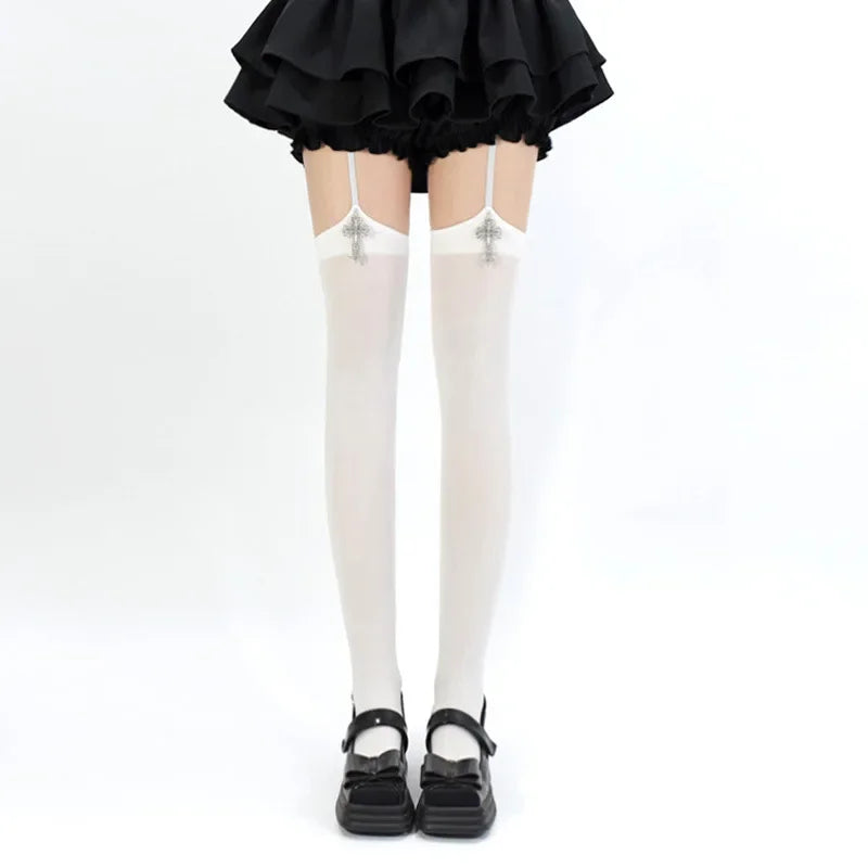 Gothic Cross Suspender Thigh High Stockings for Women | Lolita Anime Cosplay Over Knee Socks