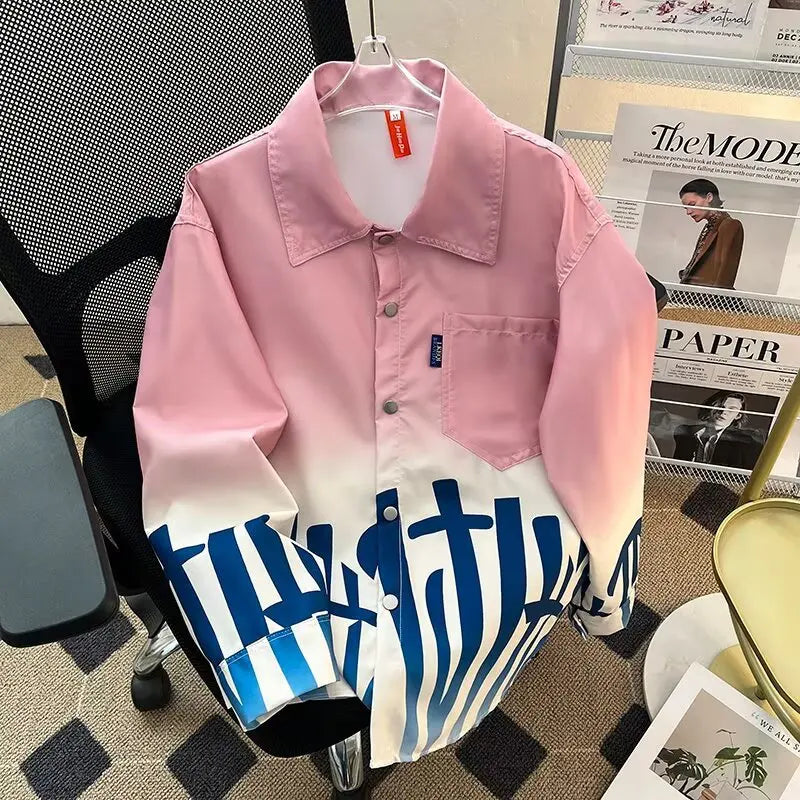 Blue Gradient Pleated Long Sleeve Shirt