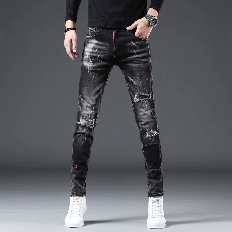 Men's Paint Splatter Distressed Slim Denim Jeans – Designer