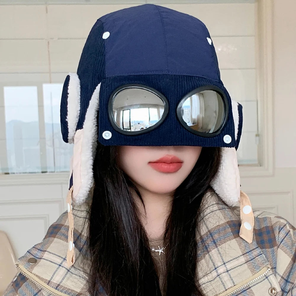 Women's Plush Fur Bomber Hat with Goggles & Earflap