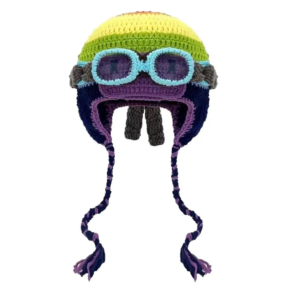 Korean Niche Pilot Knitted Hat With Detachable Glasses Funny Knitted Beanie Cap Unisex Autumn Winter Warm Ear Protection Hats