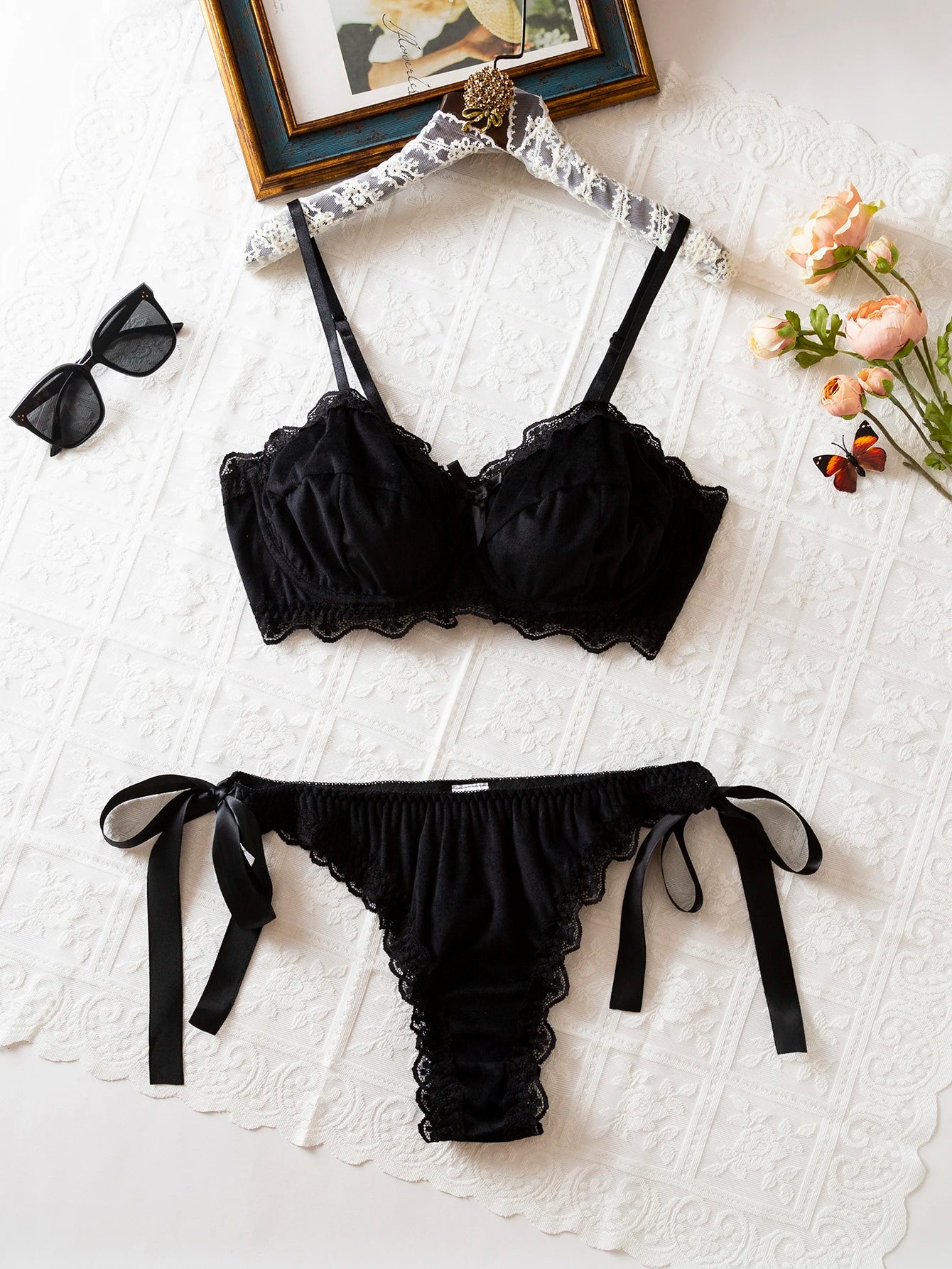 Black Lace Bow-Tied French Sexy Pure Desire Bra And Panties Set Butterfly Knot Unique Underwear Two-Piece Set