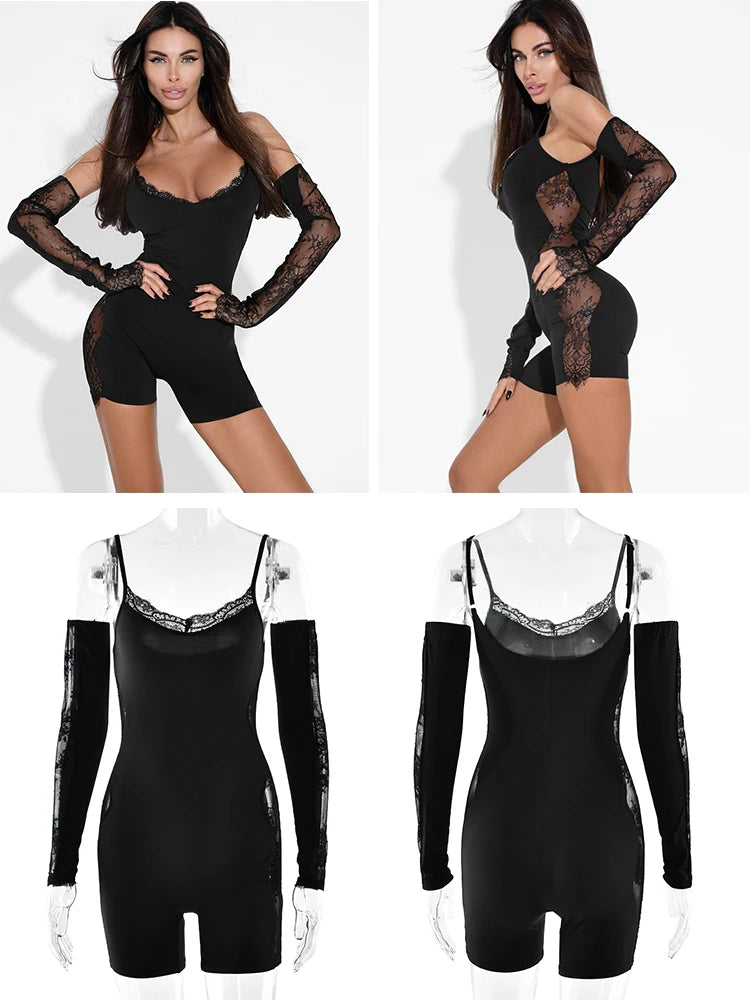 Spitzen-Patchwork-Langarm-Strampler | Eng anliegender Jumpsuit mit eckigem Ausschnitt