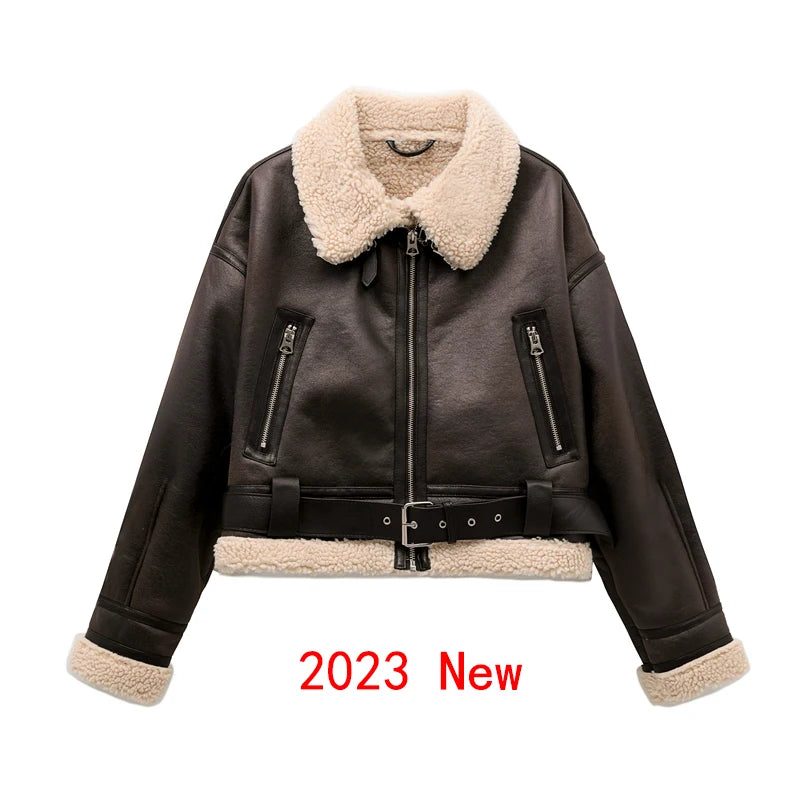Women's Faux Shearling Jacket Vintage Belt Coat