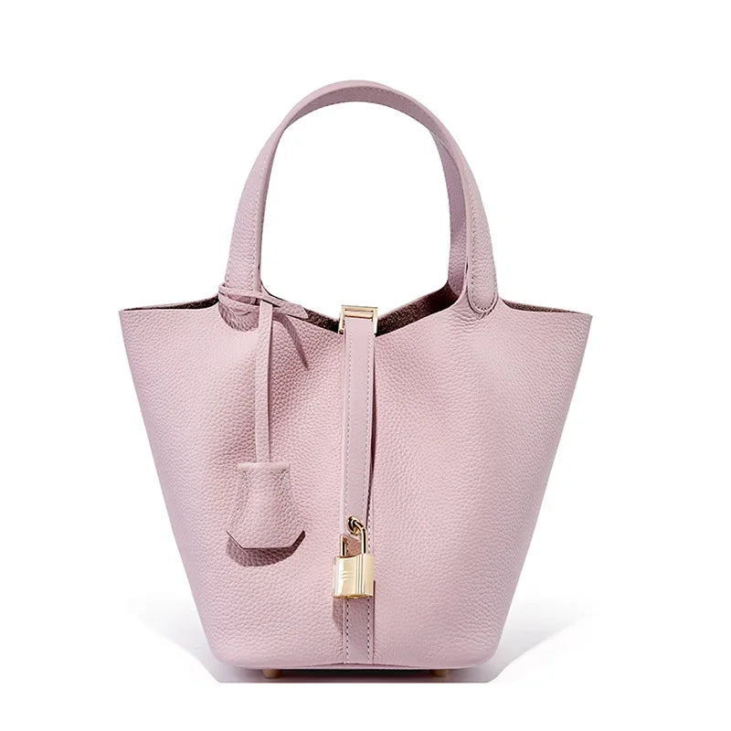Genuine Leather Shoulder Bucket Bag Women Litchi Pattern Mini Basket Tote Soft Handbag Mommy Bride Wedding Bags with Lock - Teglex