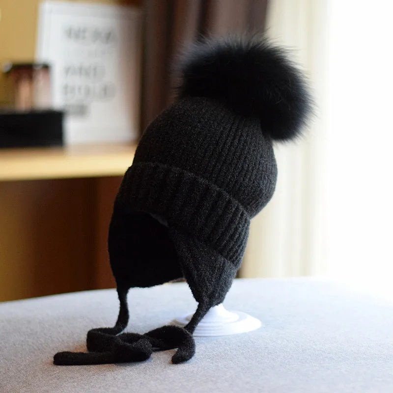 Girls Fox Fur Ball Ear Protection Winter Plush Knit Hat