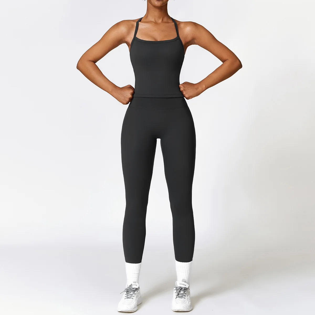 2-TEILIGES Damen Yoga Set Langarm Crop Top & High Waist Leggings